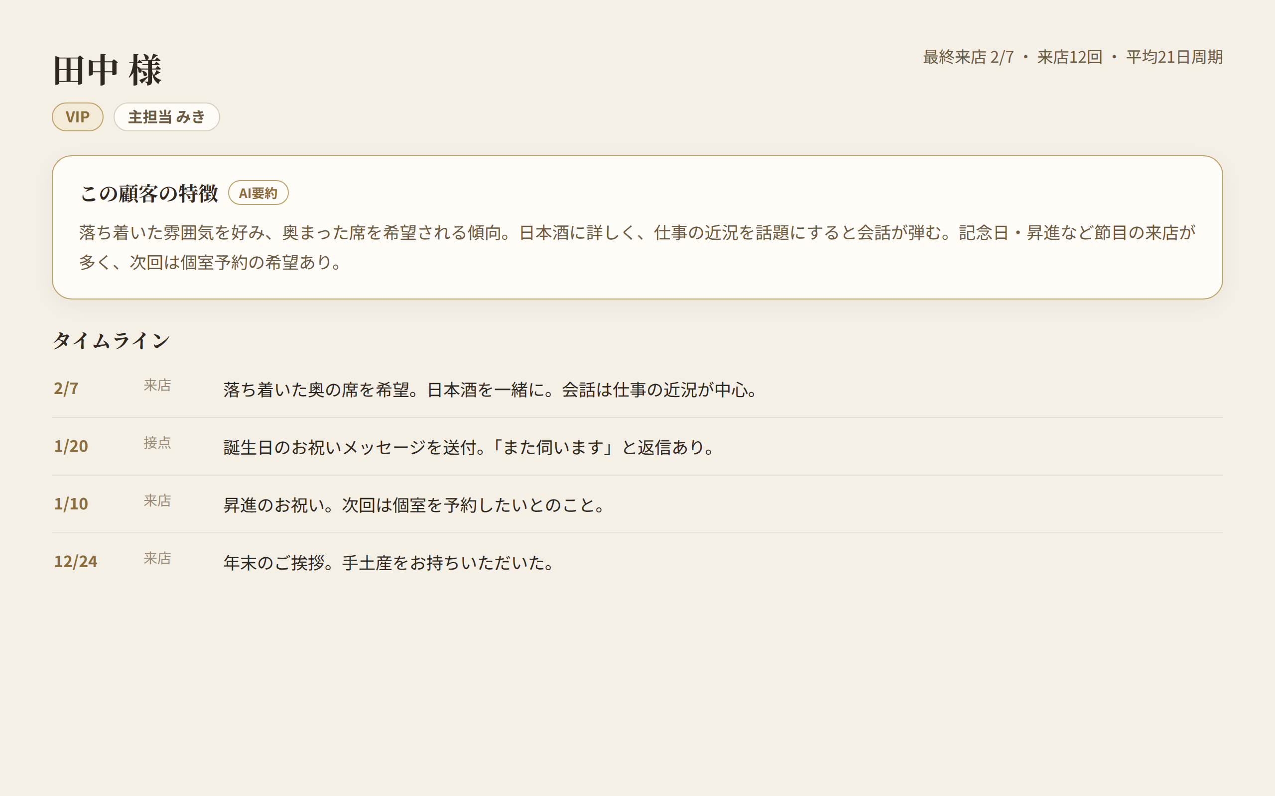 顧客詳細の画面イメージ(AI要約「この顧客の特徴」とタイムライン)